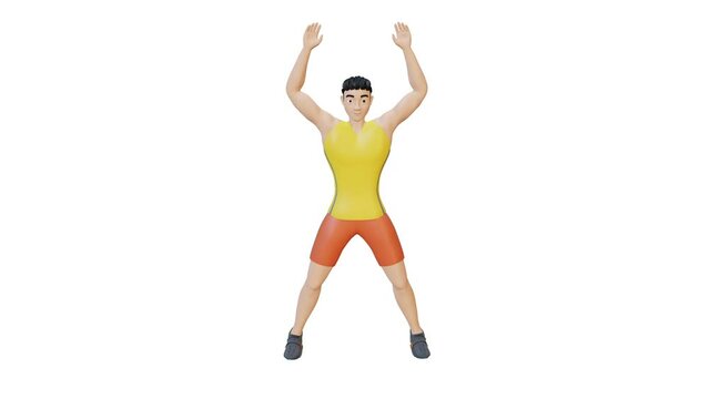 3D Animation. In front view character male workout exercise Jumping Jacks. Perfect for fitness themed productions, health products, diet plans, weight loss program, How to Do Jumping Jacks