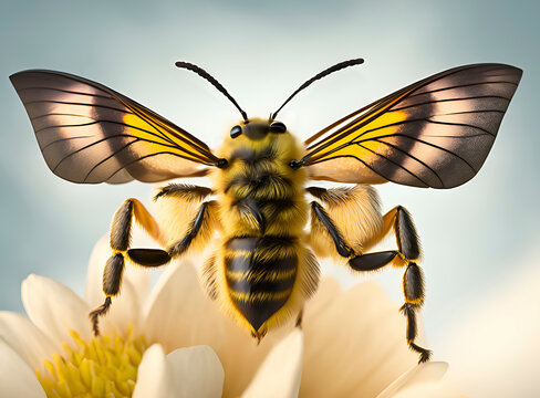 Idiom, Bee with Butterfly Wings Close-up on flower, created with Generative AI technology