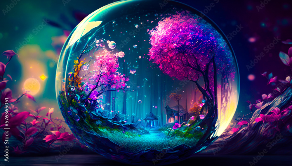 Poster glass ball with trees inside of it. generative ai.