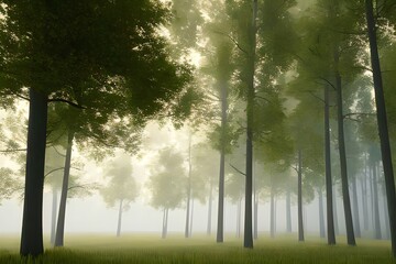 Trees in the fog. The smoke in the forest in the morning. A misty morning among the trees. 3D rendering. Generative AI