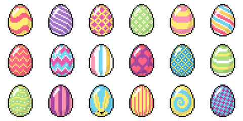 Easter egg icons in pixel art style with intricate patterns and motifs. 8 bit isolated vector illustration