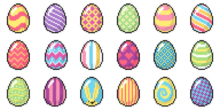 Easter egg icons in pixel art style with intricate patterns and motifs. 8 bit isolated vector illustration