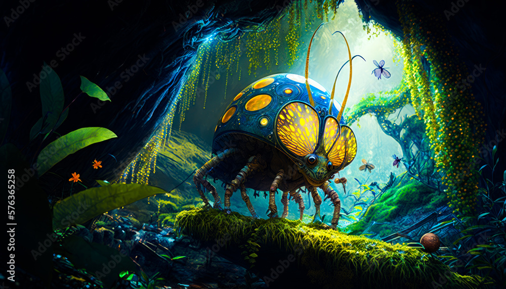 Poster bug that is standing in the middle of forest. generative ai.