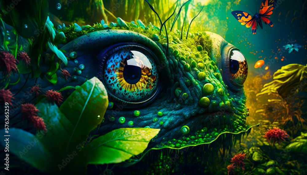 Poster close up of frog with butterfly flying over it. generative ai.