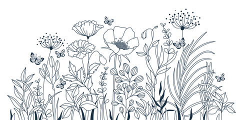 Group of Wildflowers, herbs, flowers, plants and butterflies flyng around. Outline Style Full Vector illustration. - obrazy, fototapety, plakaty