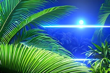 Fototapeta na wymiar Tropical Leaves Illuminated with Blue and Green Fluorescent Light. Jungle Environment with Diamond shaped Neon Frame. Generative AI