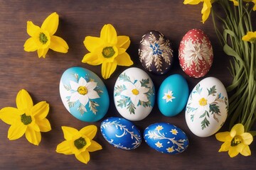 bundle of easter eggs with bouquet of daffodils, generative art