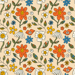 Vector seamless pattern with vintage hippy style flowers on yellow background. Groovy design for fabric and paper, surface textures.