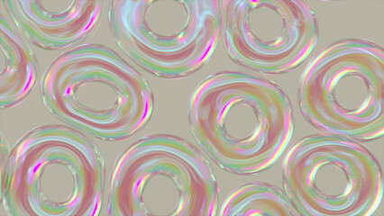 Transparent inflatable rings fly, repel and gather together. Bubble rainbow. Ease. Pearl. 3d illustration