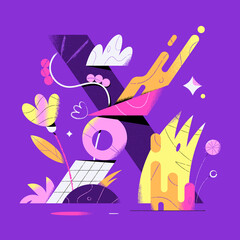 Abstract purple vector illustration for art print. Letter x. Trendy composition with plants and geometric forms. Decorative background. Interior decoration. Cartoon style. Geometrical shapes.