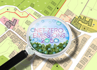 CO2 Net-Zero Emission 2050 and Carbon Neutrality concept with imaginary city map and magnifying glass