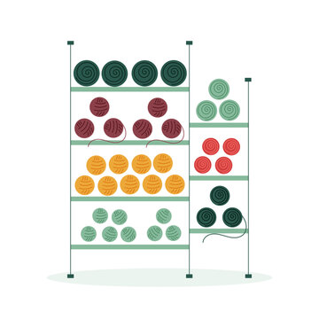 Vector flat illustration with shelf with balls of thread. 