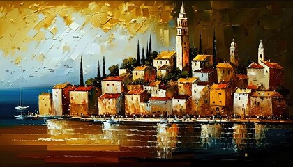 world travel theme big old city illustration of culture diversity, Mediterranean coastal city, Generative Ai