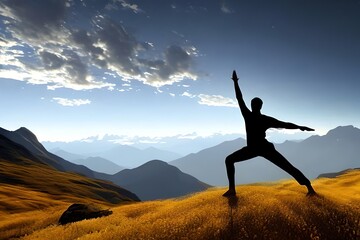 Yoga and meditation. Silhouette of man in mountains. Generative AI