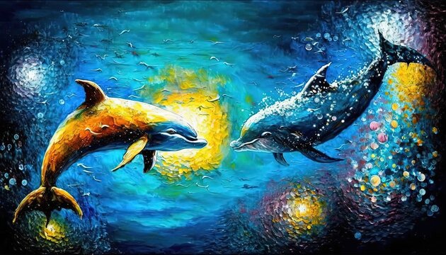 paint like illustration of two dolphin fish swim together, Generative Ai
