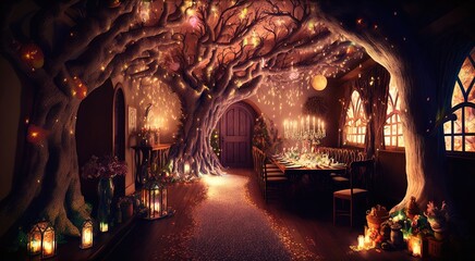Elvish interior hall way with big tree and glitter glow light shine ambient festive atmosphere, Generative Ai