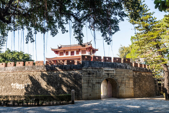 Old city wall building view of the Great South Gate in Tainan, Taiwan. it's one of Taiwan's most well-preserved city gates.