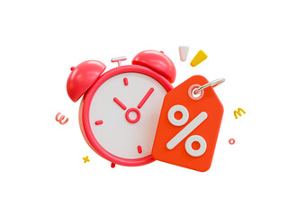 3d minimal Special discount offer icon. Flash sale reminder. Special big sale offer. Alarm clock with a percent tag. 3d illustration.