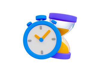 3d minimal time management concept. urgent work. fast service. stopwatch with an hourglass. 3d illustration.