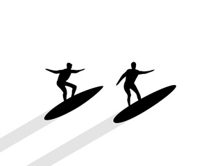 Silhouettes of two surfers riding the waves. Active rest, hobby. Design for banners, posters and promotional items. Vector illustration