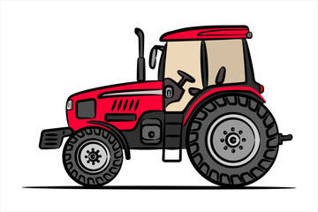 A hand drawn art of a red tractor.  Wheeled tractor, side view.  Modern flat illustration. Side view of modern farm tractor