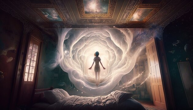 Woman in her bedroom, There is a door portal to another world. Energy flying lucid dreaming generative ai.