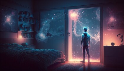 Man in his bedroom, a portal to another dimension. Lucid dreaming generative ai - obrazy, fototapety, plakaty