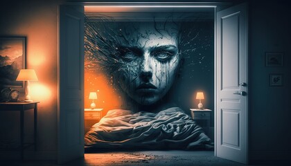 Bedroom. The big evil face of a woman watching. Lucid dreaming generative ai.