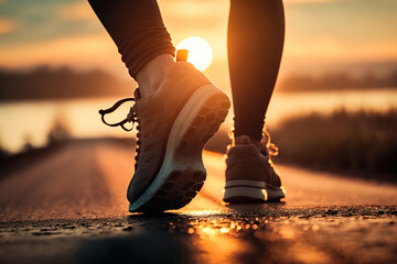 feet in sports sneakers running on road at sunset. Generative AI