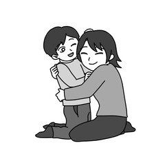 笑顔で抱き合う母親と息子（白黒）