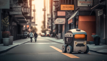 Autonomous robots deliver food to customers on road in city, Generative AI