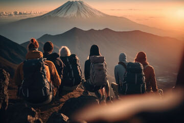 Group of Hikers Relaxing on a Mountaintop with breathtaking Views to fiju mountain, a journey into adventure nature outdoors ai generative