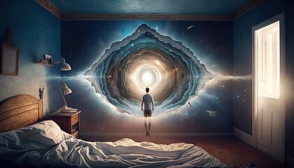Man standing in his bedroom. Portal to another dimension. Lucid dreaming concept illustration generative i.