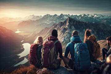 Group of Hikers Relaxing on a Mountaintop with breathtaking Views, a journey into adventure nature outdoors ai generative