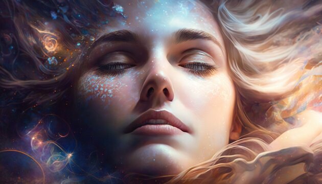 Lucid dreaming meditation woman close up floating in space galaxies stars dreaming illustration generative ai	