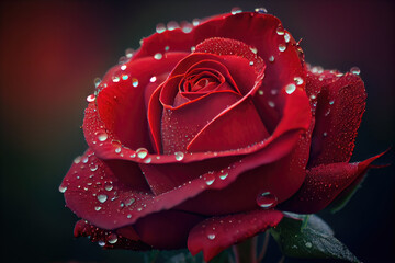 Close-up of red rose with dewdrops.