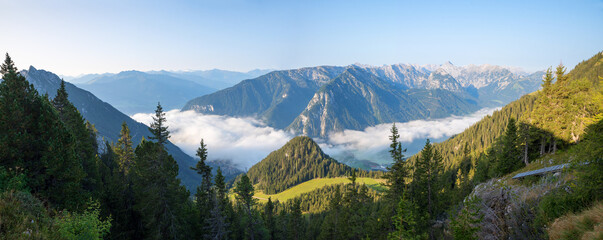 beautiful alpine landscape tirol, view from Rofan mountains to tirolean alps - obrazy, fototapety, plakaty