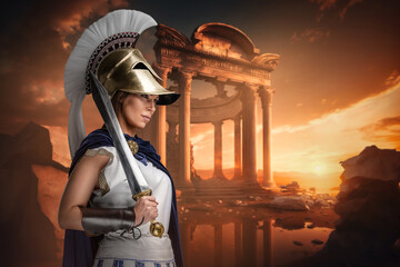 Portrait of warlike greek woman dressed in tunic and cloak holding sword.