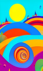 Fototapeta na wymiar Spring break abstract background - landscape, city and sun. Multicolored background with bright colors for happiness, joy, and carelessness. AI-generated digital illustration, flat design.