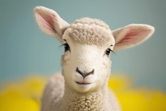 Portrait of a cute spring lamb. Studio shot against a bright background. Generative ai