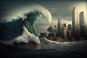 A large wave of water is approaching the city, a tsunami is a large natural phenomenon in the sea and ocean, Generative AI. - obrazy, fototapety, plakaty