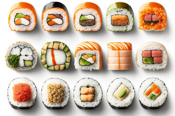 Various types of delicious colorful sushi, neatly presented on a white table, top down view. High quality generative ai