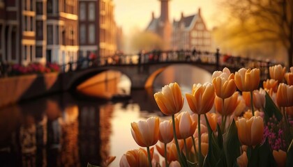 Blooming dutch tulips on background of Amsterdam canals. Based on Generative AI - obrazy, fototapety, plakaty