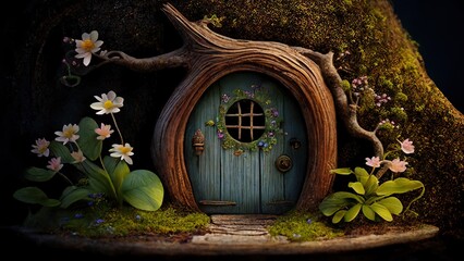 Fairy door to spring in blossom wood illustration art for fairy tale generative ai - obrazy, fototapety, plakaty