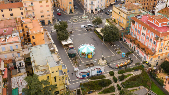 Aerial view of the most important square of Genzano di Roma, a small town located in the Metropolitan City of Rome, Italy. The town is part of the Castelli Romani area.