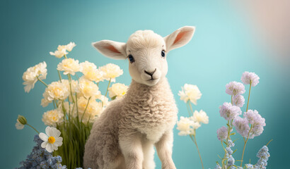 A cute baby spring lamb surrounded by spring flowers. Generative ai