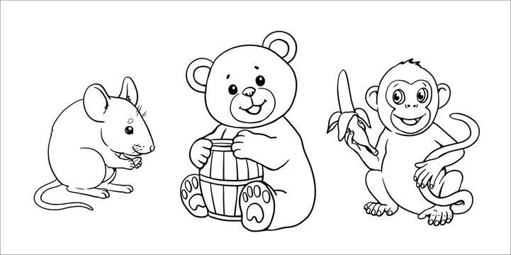 Cute mouse, teddy bear and monkey to color in. Vector template for a coloring book with funny animals. Coloring template for kids.	