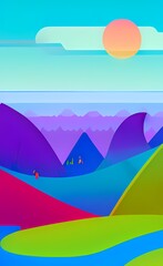 Spring break abstract background - landscape and sun. Multicolored background with bright colors for happiness, joy, and carelessness. AI-generated digital illustration, flat design.