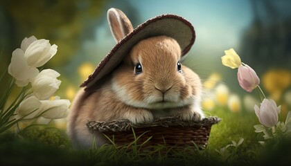 Easter bunny wearing a hat, Easter basket, Spring landscape, generative AI