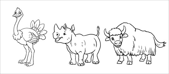Cute ostrich, rhinoceros and yak to color in. Vector template for a coloring book with funny animals. Coloring template for kids.	
